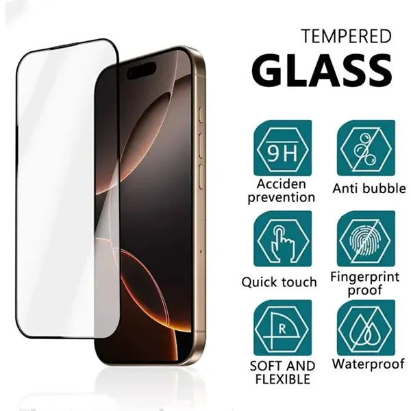 kuzoom-iphone-17-pro-17-pro-max-3d-large-curved-edge-glass-film-2 محافظ صفحه نمایش توری دار اقتصادی KuZoom مدل HD GLASS مناسب برای 17